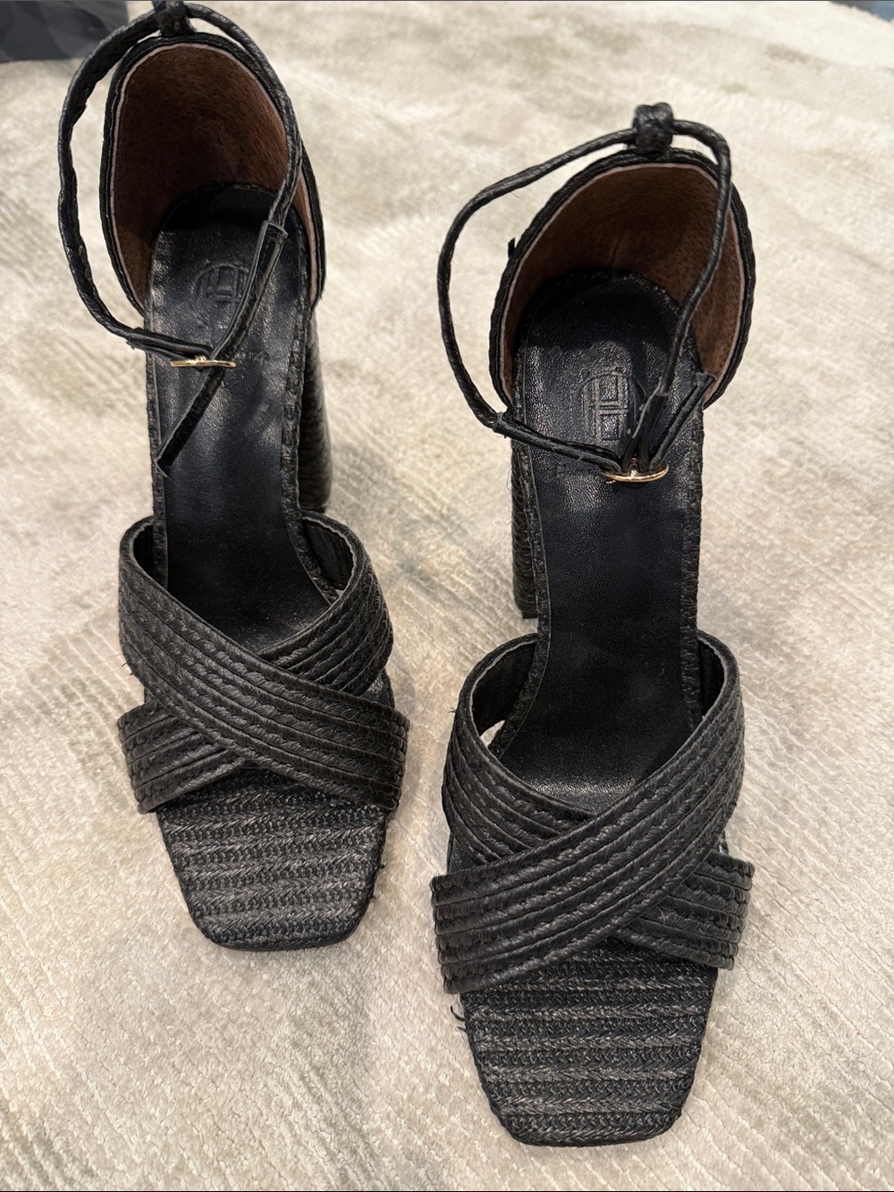 House of Harlow 1960 Black Woven Crisscross Ankle‑Strap Heels